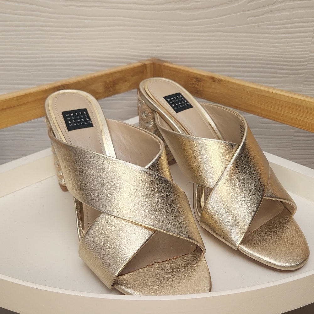 White House Black Market Winslow Gold Leather Slide Sandals Rope Heel Mule 7M - Picture 4 of 11